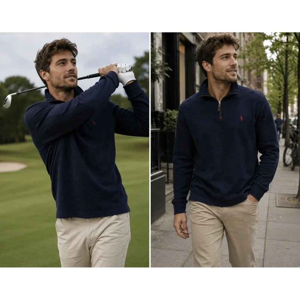 Polo Ralph Lauren Men's Cotton Navy 1/4 Zip Mock Neck Knit Sweater Size L